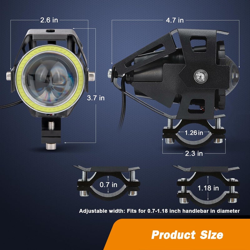 Mosleyz Motorcycle LED Fog Lights U7 Spotlight Daytime Running Lights with White Angel Eyes Halo Ring and Switch 2-Sets - Image 2